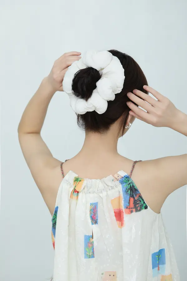 White Floral Scrunchie - Pink-Trim Hair Tie product image 2