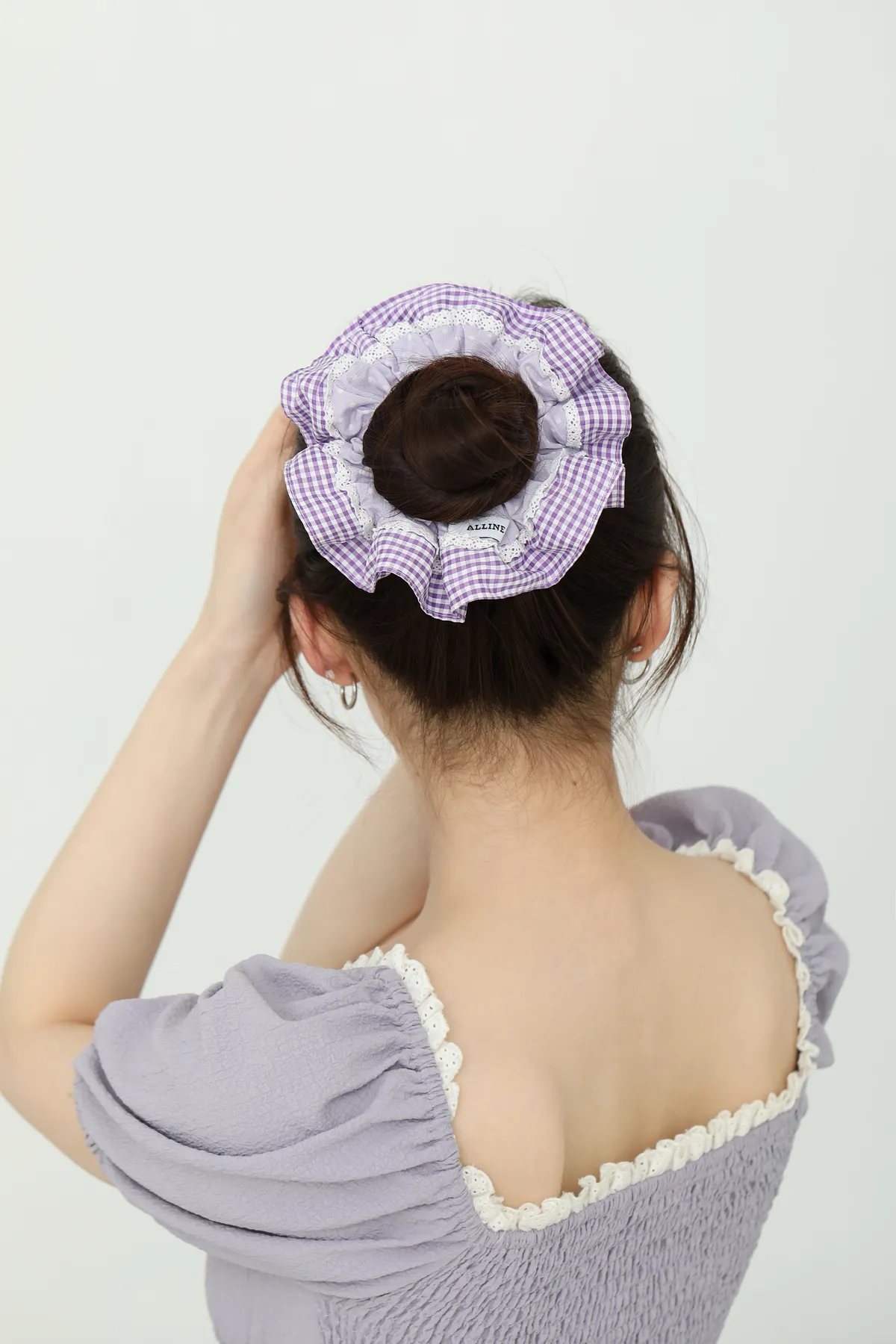 Purple Gingham Ruffle Scrunchie - Gentle Hair Tie product image 1
