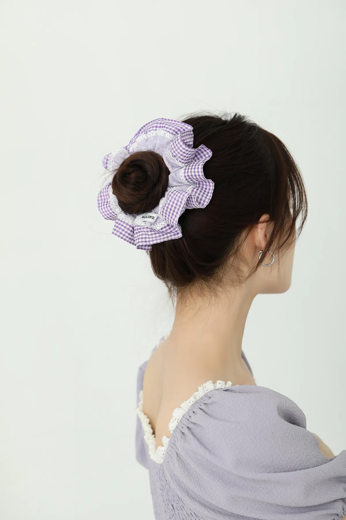 Purple Gingham Ruffle Scrunchie - Gentle Hair Tie product image 2