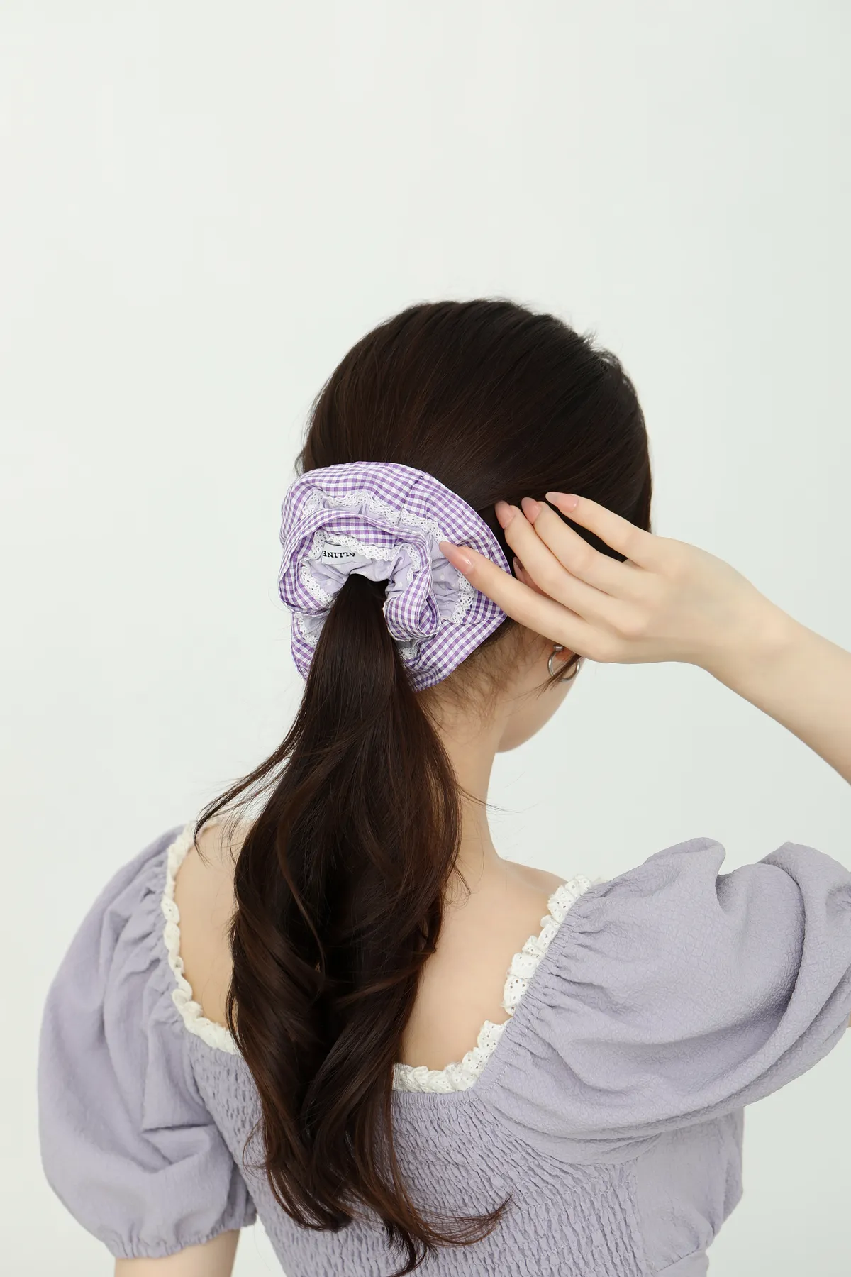 Purple Gingham Ruffle Scrunchie - Gentle Hair Tie product image 3
