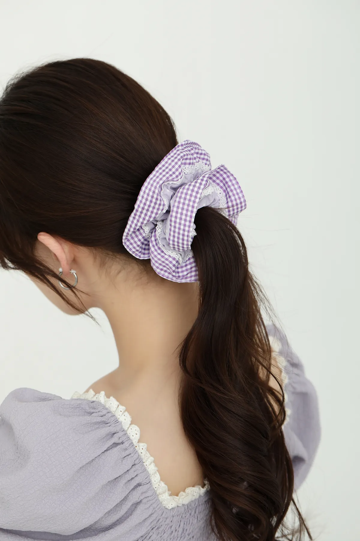 Purple Gingham Ruffle Scrunchie - Gentle Hair Tie product image 4