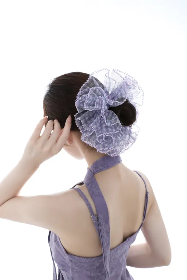 Lilac Gingham Oversized Scrunchie - Voluminous Hair Tie product image 6